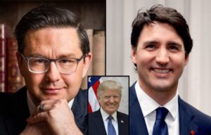 Side-by-side photos of Poilievre and Trudeau, with a little insert of a photo of Trump between them