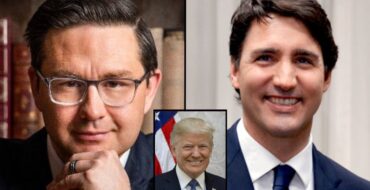 Side-by-side photos of Poilievre and Trudeau, with a little insert of a photo of Trump between them