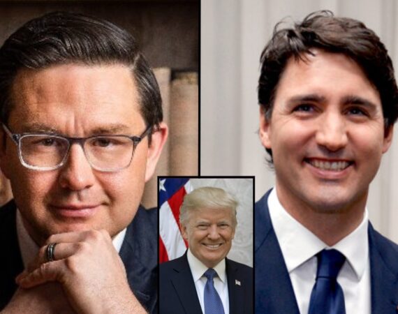 Side-by-side photos of Poilievre and Trudeau, with a little insert of a photo of Trump between them