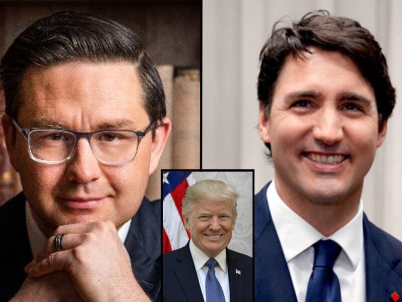 Side-by-side photos of Poilievre and Trudeau, with a little insert of a photo of Trump between them