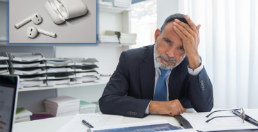 a man in his fifties or sixties is holding his head in anguish. in the upper left corner, an insert photo of a pair of airpods