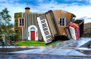 a suburban house made of three accordions