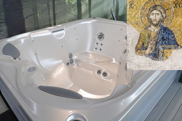 image of a modern jacuzzi with an inset of a tile mosaic of Jesus in the upper right corner