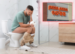 a man sitting on a toilet, cringing, holding a roll of toilet paper, with his pants down. in the upper right is an insert of the Pizza, Pizza sign