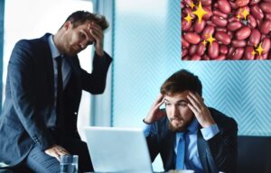 two young men in business suits looking at a computer and rubbing their foreheads in dismay. Inset in the upper right corner is a photo of red beans with sparkles.