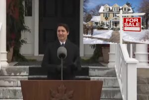 Justin Trudeau at a podium outside Rideau Cottage, with an insert photo of a large house with a for sale sign