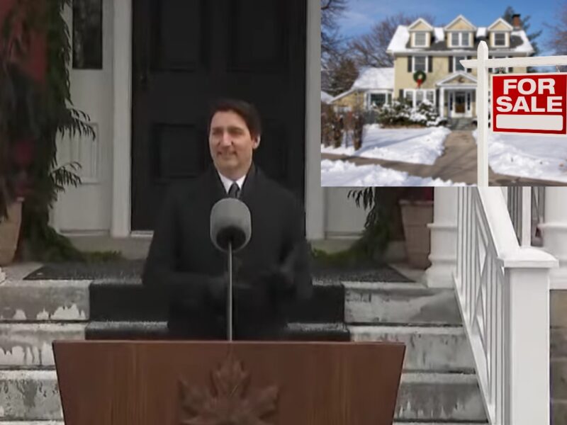 Justin Trudeau at a podium outside Rideau Cottage, with an insert photo of a large house with a for sale sign