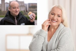 photo of a smiling older woman looking at the camera with an insert in the top left corner of the A&W Guy, holding a hamburger