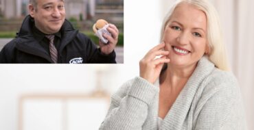 photo of a smiling older woman looking at the camera with an insert in the top left corner of the A&W Guy, holding a hamburger