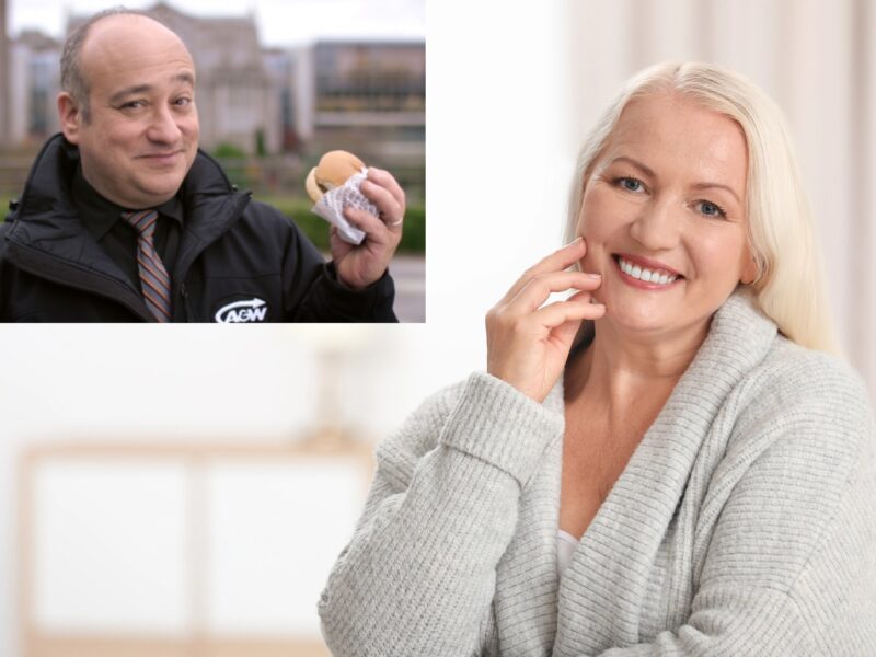 photo of a smiling older woman looking at the camera with an insert in the top left corner of the A&W Guy, holding a hamburger